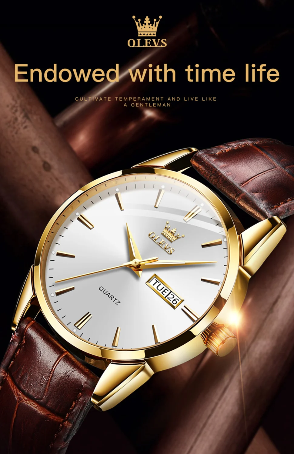 OLEVS 6898 Leather Quartz Watch Mens Watches Fashion Watch Men for Male Auto Date Rose Gold Shell Relogio Masculino