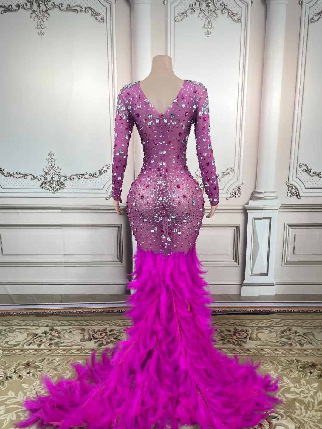 AD1508 Kimshein Womens Long Sleeve Sexy Hollow Out Evening Feathers Prom  Crystal Dresses Performance Clothing Vestidos
