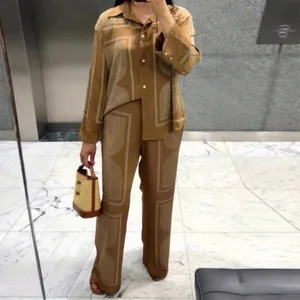 GX7255 Fashion 2026 Women Clothing Vendor Autumn Street Wear Long Sleeve Printed Shirt and Wide Leg Pant 2 Piece Set