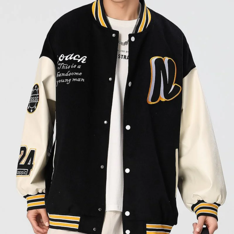High Quality Men Chenille Embroidery Leather Sleeves Custom Baseball Letterman Varsity Jacket_voghion.com
