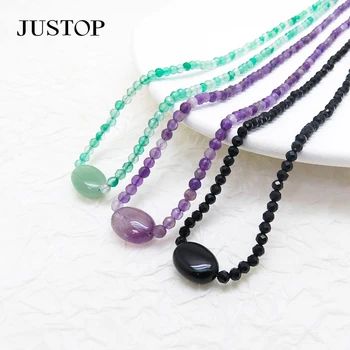 Fashion Bohemian Style Summer Stainless Steel Multiple Natural Stone Black Agate Beaded Round Pendant Necklace Jewelry