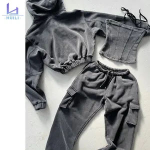 Huili Custom Acid Wash Heavyweight French Terry 3 Piece Matching Set Crop Top & Joggers OEM Tracksuits Winter Outfits for Women