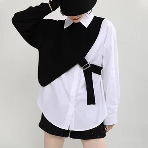 Custom High Quality Women's Spring Summer  White and Black  Blouse  Flutter Sleeve Turn-down Collar Casual Daily Wear