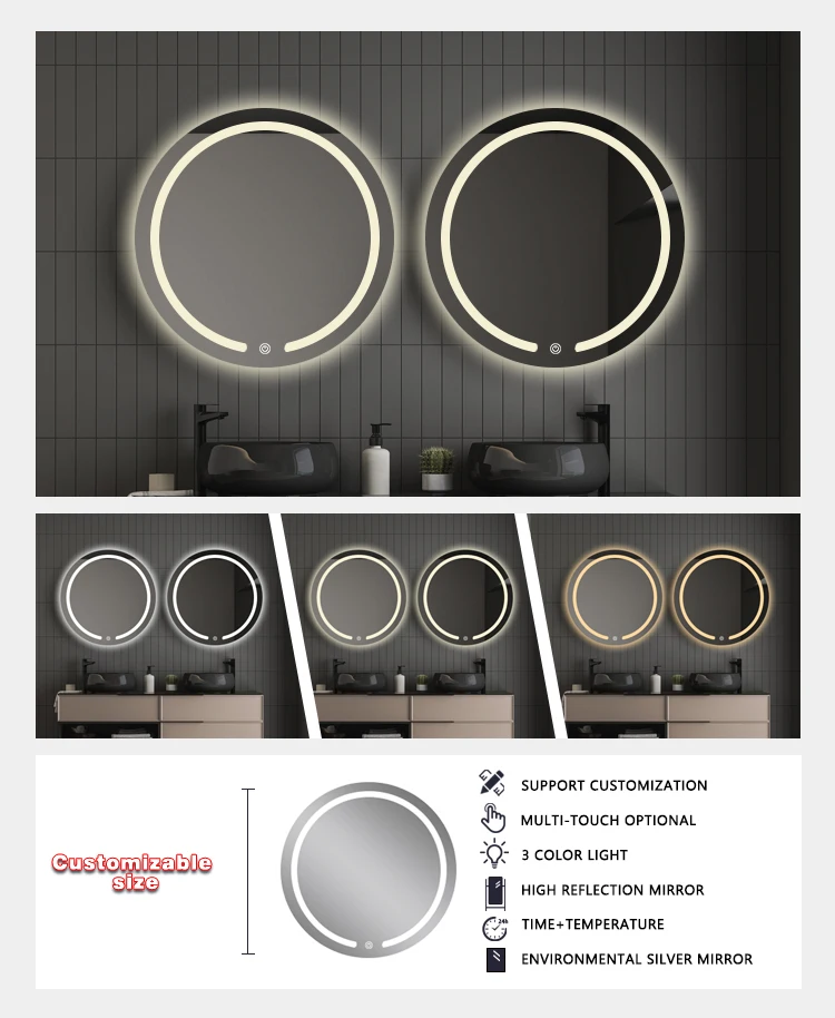 product double touch switch smart bathroom mirror makeup mirror led three color light strip wall mount bath mirrors-4
