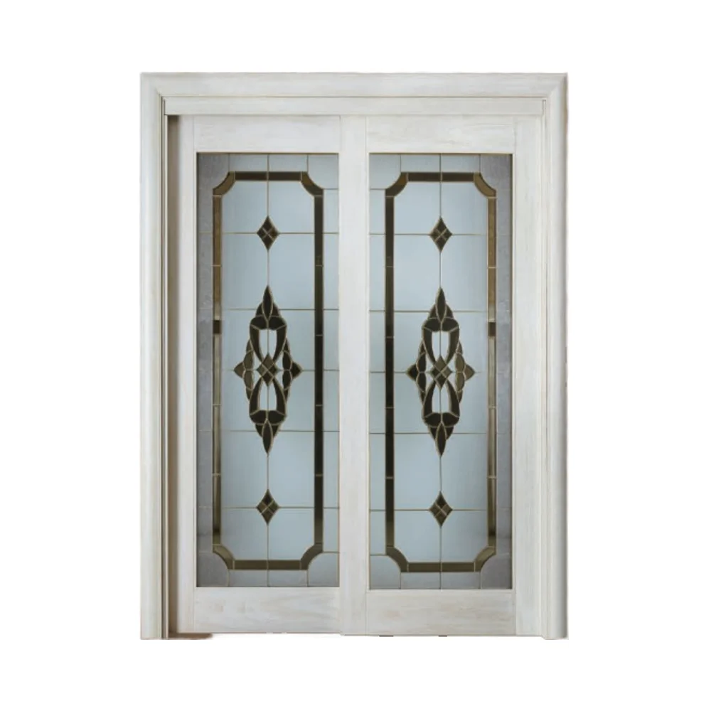Modern Double Leaf Glass Door Tempered Glass with Solid Wood Frame for Interior for Bedrooms and Villas