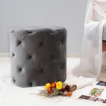 Customized Nordic Style Grey Modern Storage Ottoman Round Velvet Footrest Stool Pouf Seat