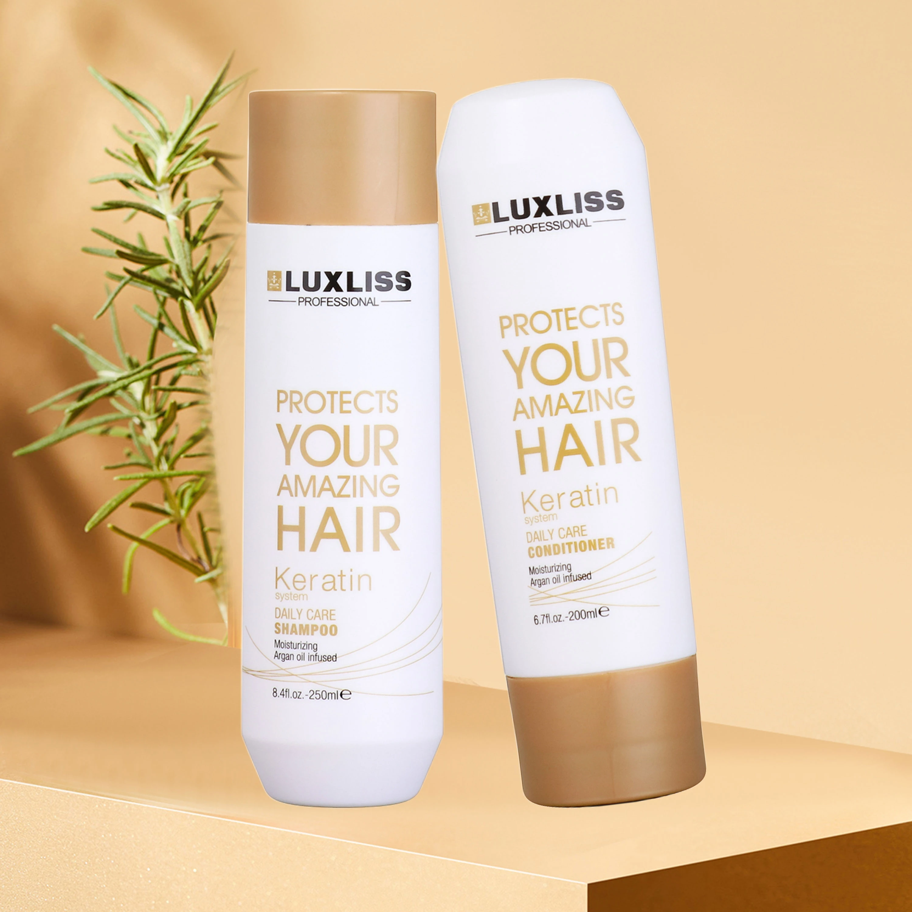 LUXLISS Private Label Moroccan Oil Argan Clarifying Keratin Daily Shampoo and Conditioner Smooth Damaged Hair Salon Products