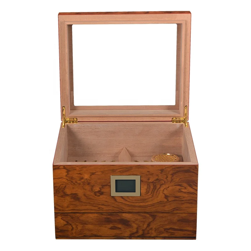 High Quality Glass Top Custom Logo Handcrafted Cigar Humidor Wood Storage Box with Divider and Front Digital Hygrometer