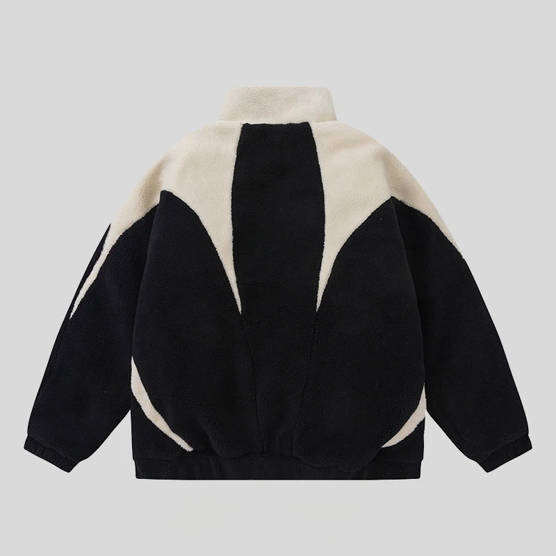 Custom Colorblock Patchwork Stand Collar Baggy Sherpa Fleece Jacket for Winter