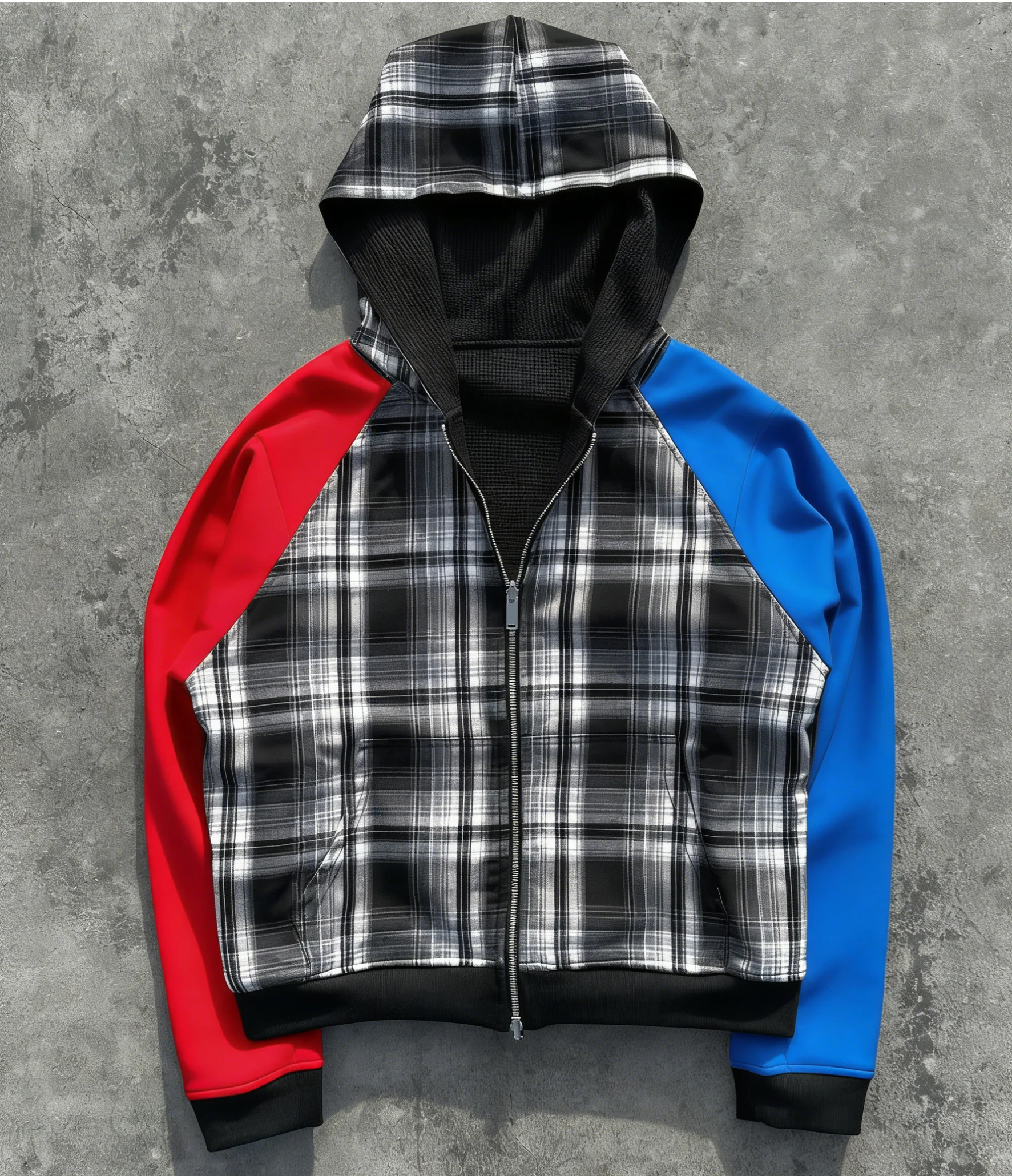 SALATI Custom Baggy Flannel Plaid Double Layer Patchwork Reverse Zip up Waffle Knit Thermal Oversized Men's Hoodies & Sweatshirt gallery 3