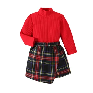 Two-Piece Casual Outfits for Girls Red Plaid Skirt and Top Set for Autumn and Christmas/New Year Kids Clothing