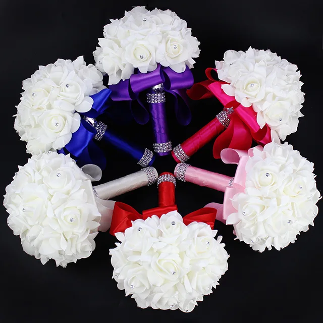 Hotsale Artificial Bouquet for Bride Bridesmaids with Diamond Soft Ribbons Rose Bridal Holding Flowers for Wedding