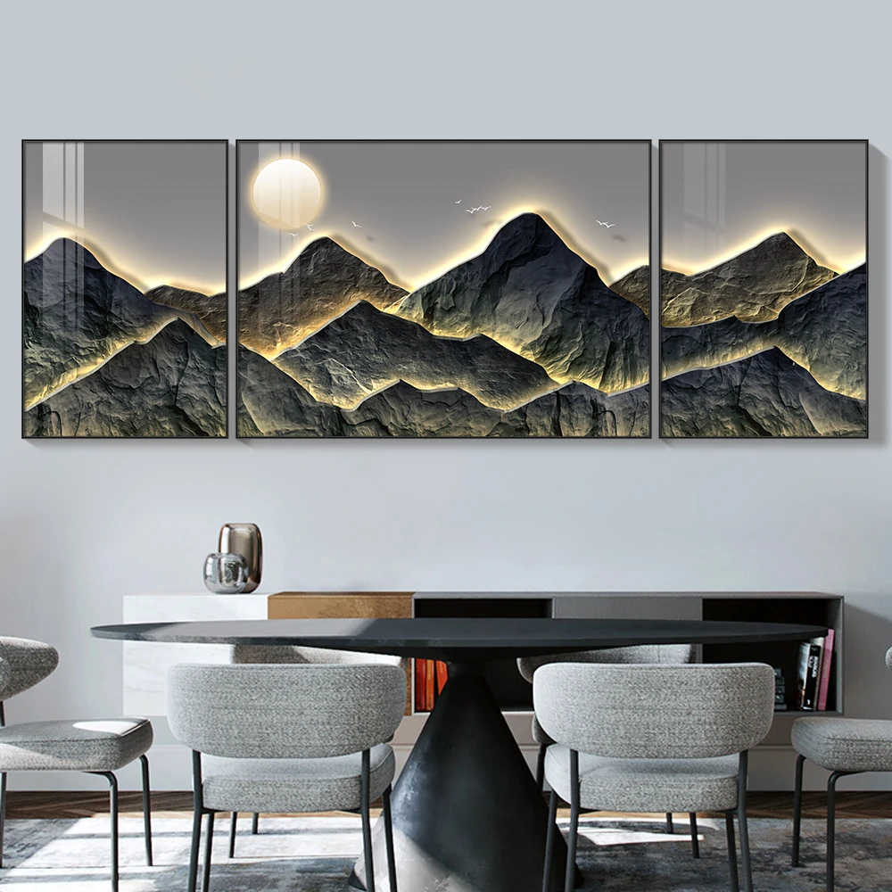 Modern Minimalist Living Room Decorative Painting Light Luxury Mural Landscape Triptych Wall Art Crystal Porcelain Painting