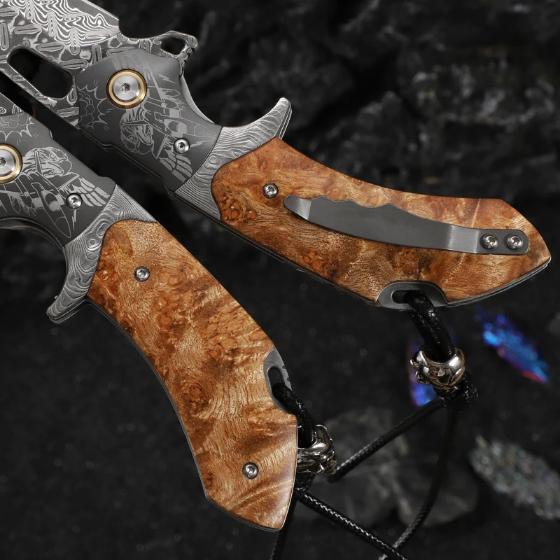 Flying Eagle-Navigator High Quality Damascus Folding Pocket Knife Sheath D2 Steel Blade Wood Handle Outdoor Use OEM