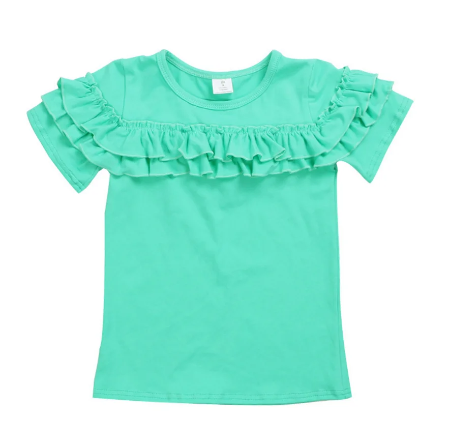 Оптовая продажа, футболки для девочек, простые классические рубашки с оборками, детская одежда, футболка с коротким рукавом, топы из 100% хлопка