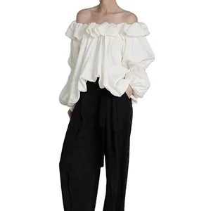 Custom High Quality Causal Ladies' Blouses  Off Shoulder Half Sleeve Shirts Daily Ruffled Tops Fashion Irregular Hem Blouses