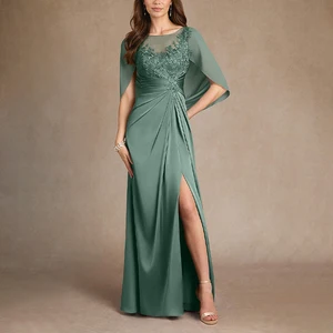 ZYHT 73982 Customization Short Sleeve Split Mother Mom Wedding Satin Lace Elegant Wedding Evening Party Dress
