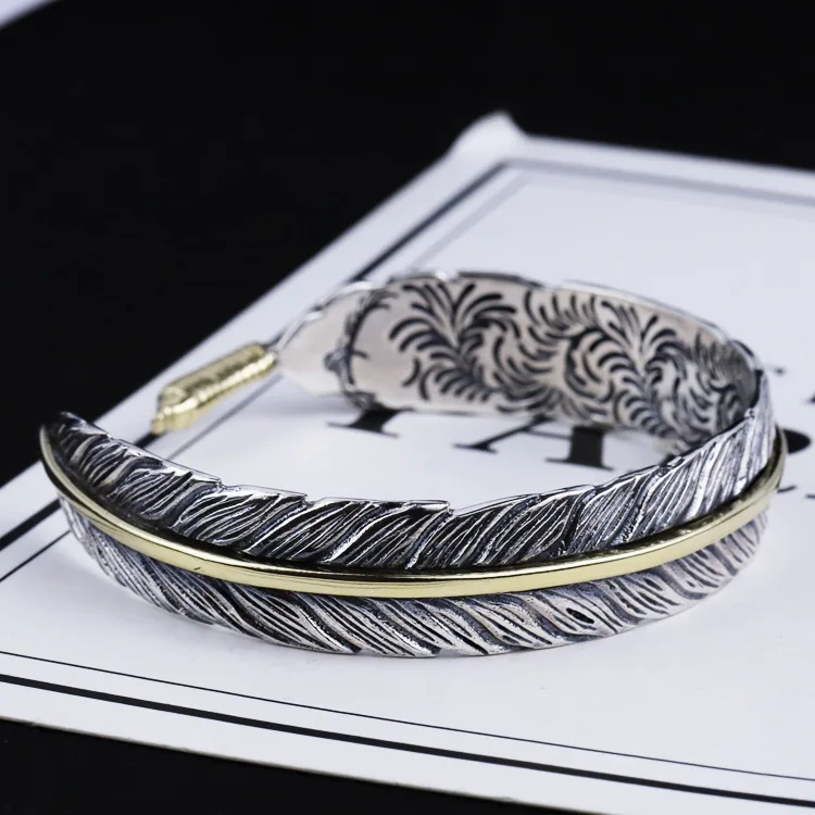 Men's Vintage Feather Bracelet Opened Bracelet Two Tones Silver Gold 925  Sterling Silver Bangle Bracelet For Men - Buy Silver Bracelet 925