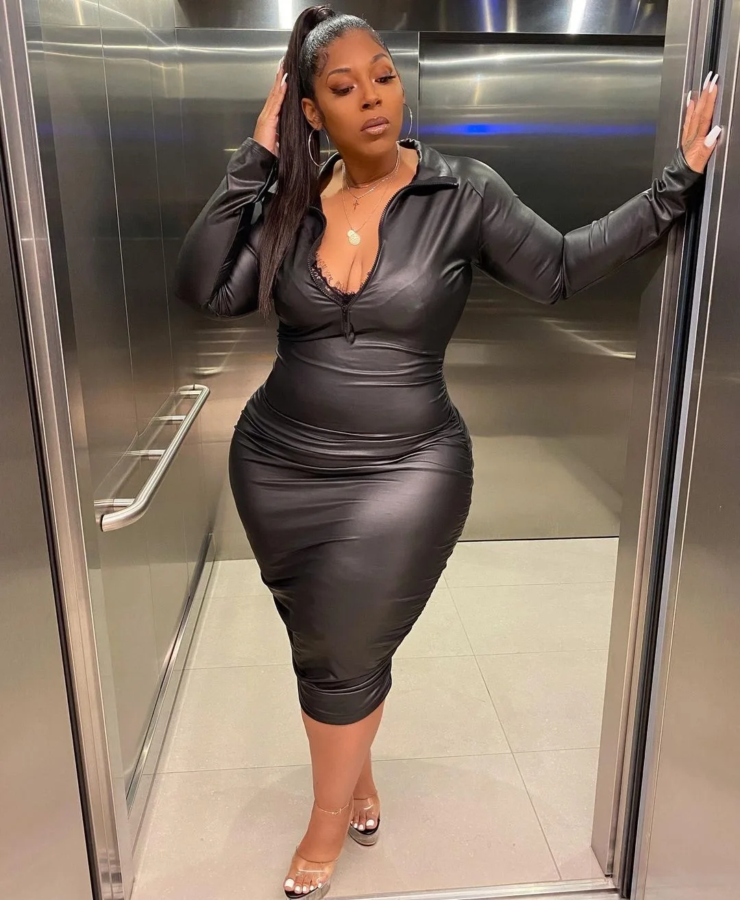 chinese dress ladies Final Sale Plus Size Sleeveless Faux Leather Bodysuit in Black – Chic And  Curvy main image 1