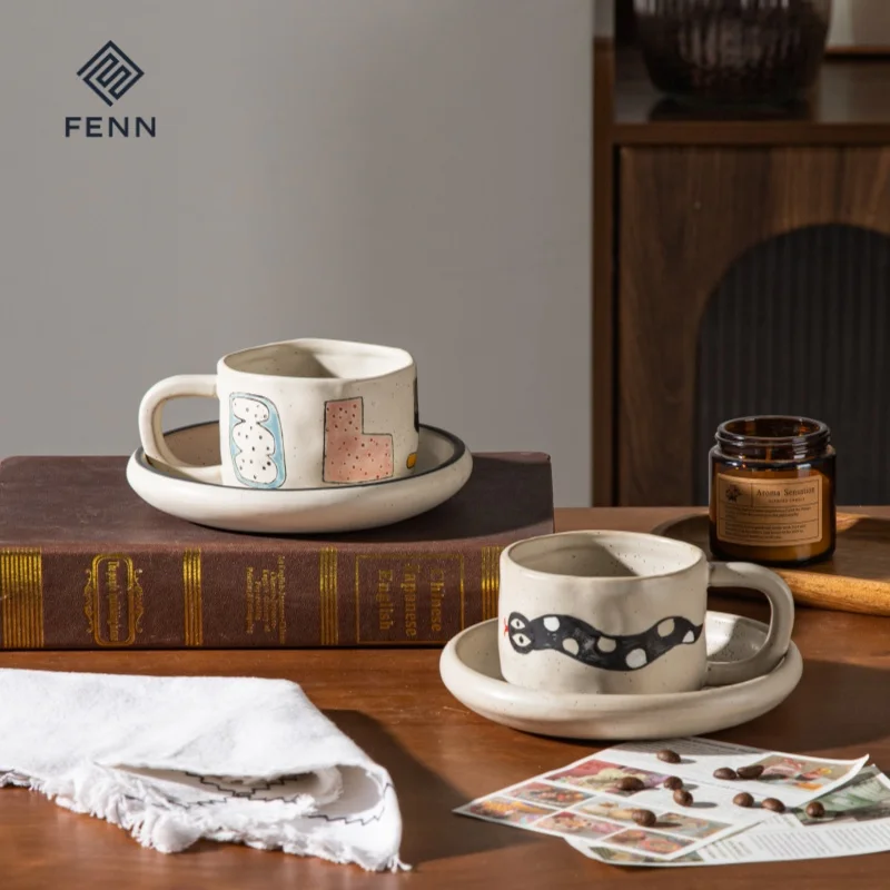 product fenn wholesale vintage speckled seasome custom cup saucer pottery cup plate set clay cup ceramic coffee mug with saucer for gift-59