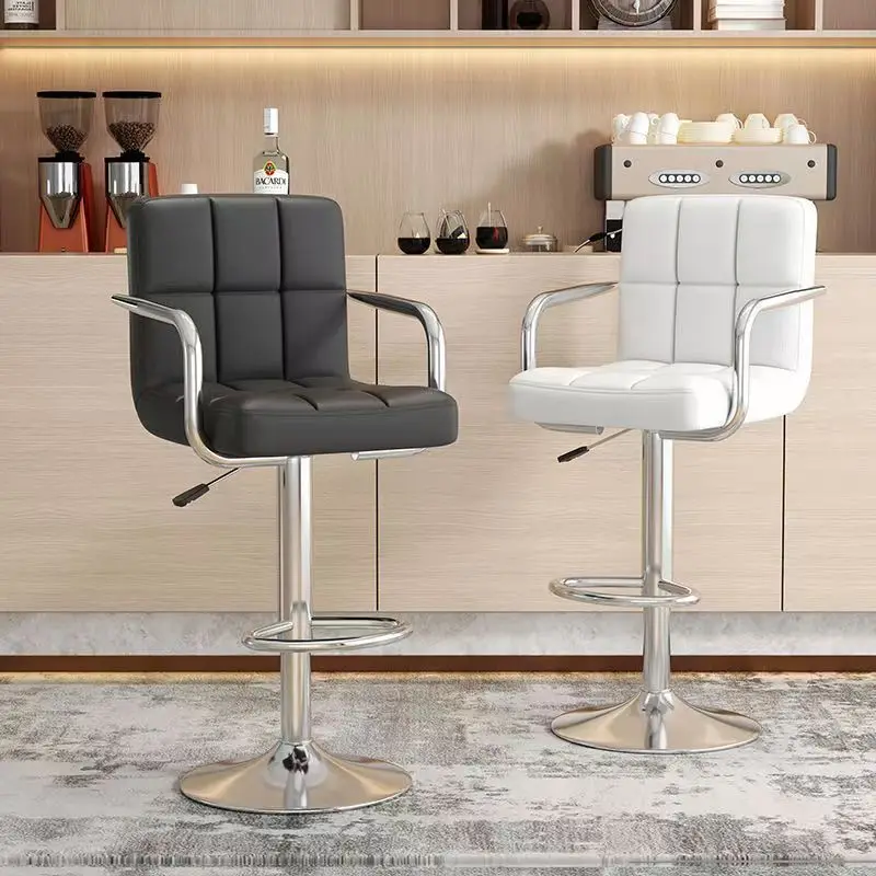 Modern Minimalist Mulit Function High Back Bar Stools With Fixed Armrest White Checkered Leather Bar Stool Chairs for Casinos