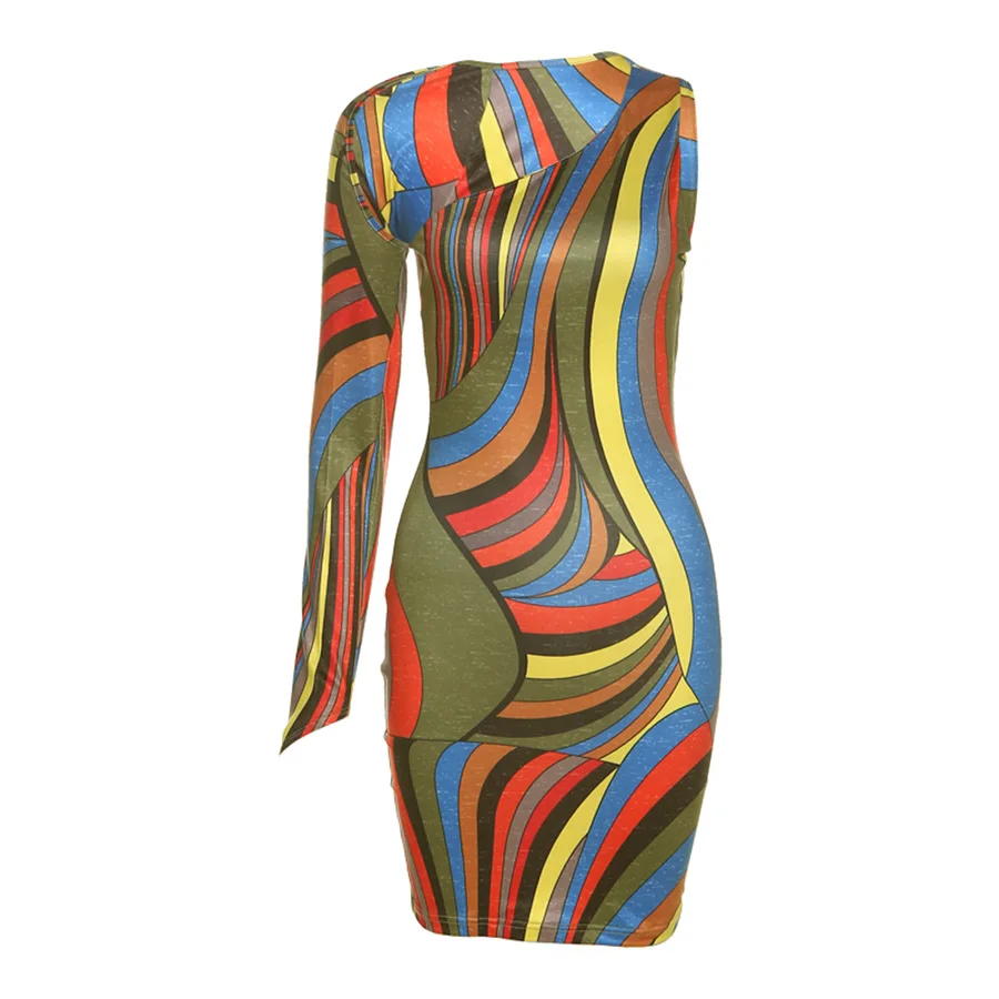 Kliou K21d06702 Club Dresses Striped Print One Shoulder Bodycon Dress ...