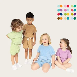 Wholesales Custom logo Cotton Terry Cloth Toweling Fabric Towelling Clothes Kids Short Sets Girls Boys Summer Clothing Sets