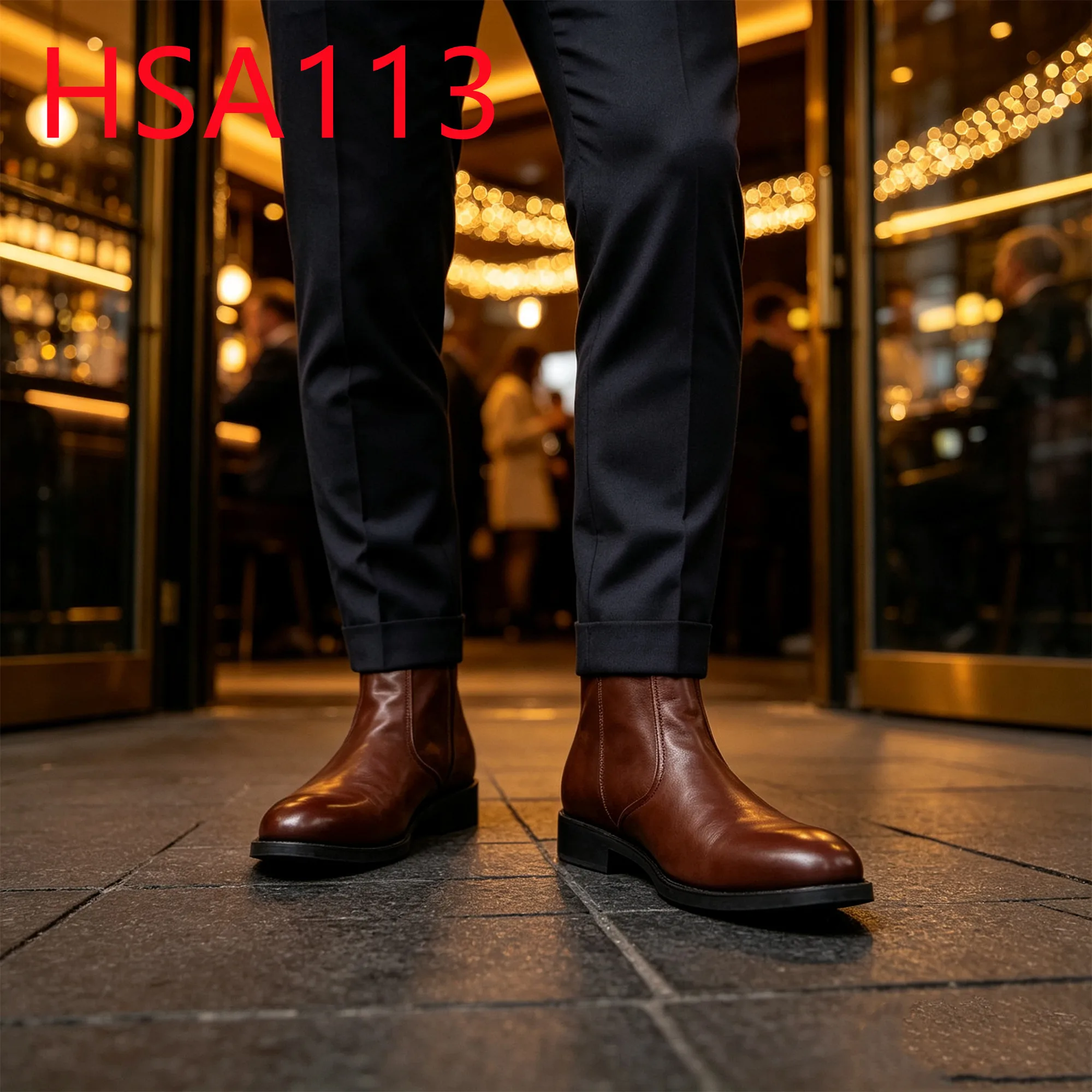 HY,UAE Popular Mid Cut Stitching Rubber Sole Brown Office Shoes Top-grade Full Grain Leather Uniform Shoes with Side Zip HSA113