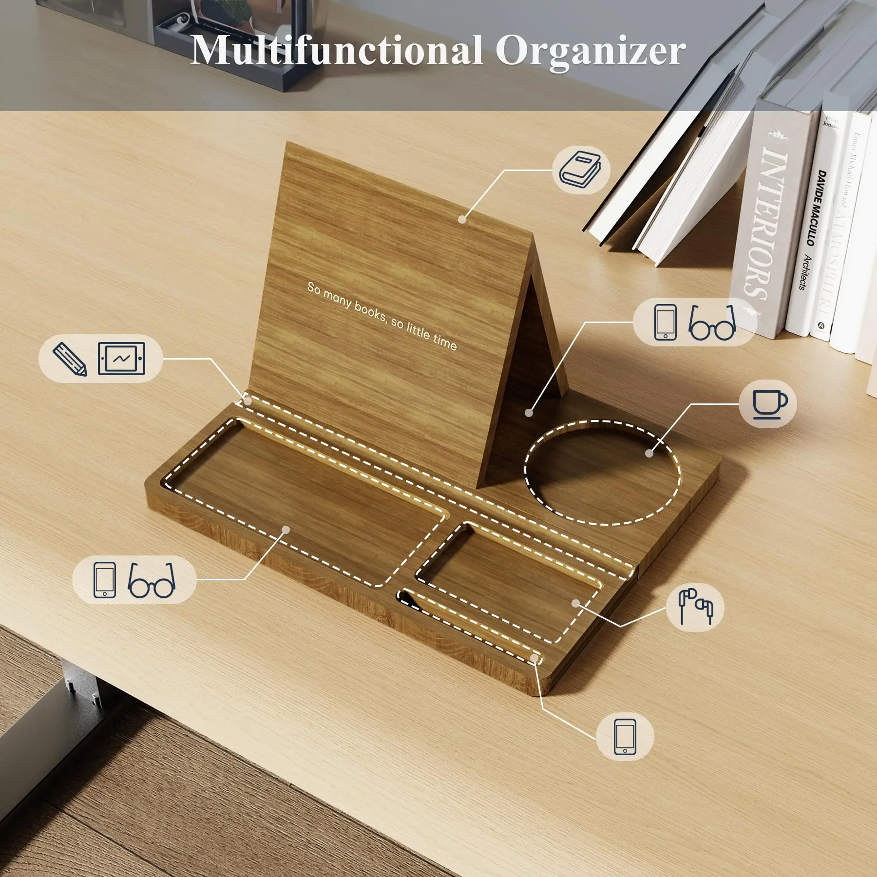 product book stand with cup holder storage slots desk organizer with detachable magnetic base book rest storage rack for home decor-4
