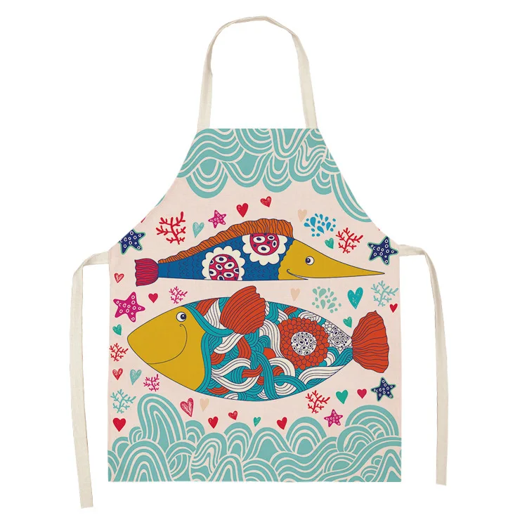 Customized Design Logo Print Children's Durable Cotton Linen Fish Style Print Fabric Sleeveless Kitchen Apron