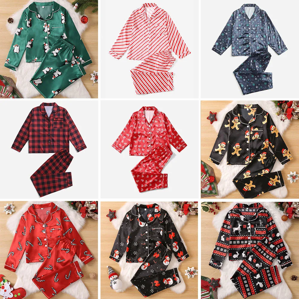 Custom Long Sleeve Women Pajamas Set 2 Piece Satin Women Men Kids Sleepwear Family Christmas Pajamas Sets for Father Mother Kids