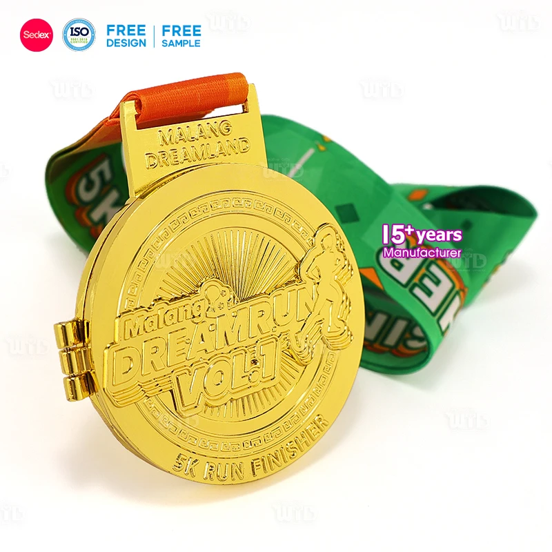 Factory Custom Gold Flip-Cover 5K Marathon Metal Medals High Quality Durable Engraved Personalized Sports Running Finisher Award