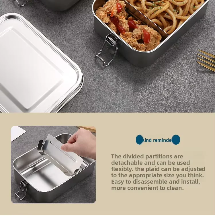 product custom thickened stainless steel lunch box single tier bento box with removable divider  double buckle lid for office students-3