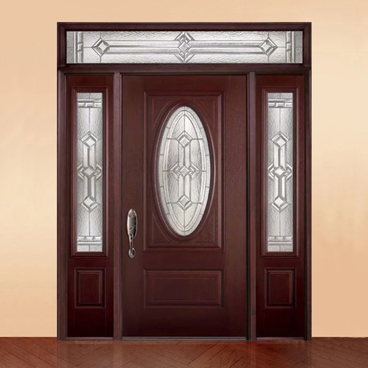 China Factory Prices Contemporary Exterior Simple Oval Glass Teak Solid Wood Front Entry Door Designs