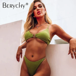 New High Waist Eco-Friendly Spandex/Nylon 2-Piece Bikini Women Swimsuit Push Swimwear Solid Ring Brazilian Bathing Suit Swimming