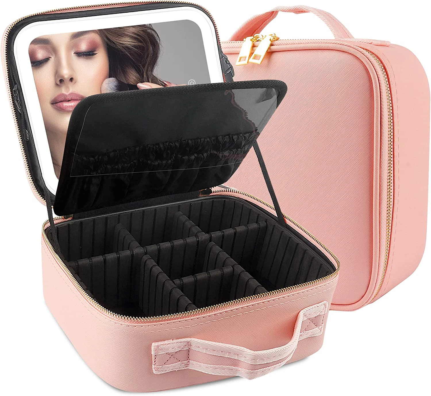 Makeup Bag With Mirror Rechargeable Cosmetic Case With 2layers Makeup