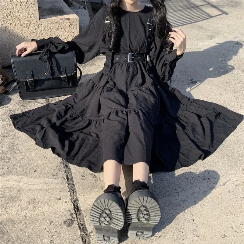 Gothic Style Dress Women Harajuku Gothic Lolita Goth Kawaii Dress Punk Cute Long Sleeve Black Midi Dress 2021 Emo Oversize Gothic Style Dress Women Harajuku Gothic Lolita Goth Kawaii Dress Punk Cute Long Sleeve Black Midi Dress 2021 Emo Oversize