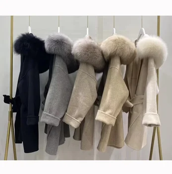 Celebrity Fashion Winter Women Fashion Wool Coat Fox Fur Hooded Jacket Women's Coats Trends Belted Long Cashmere Wool Fur Coat