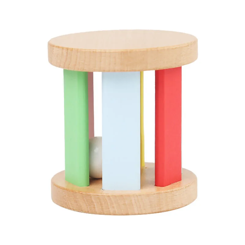 Wholesale Rainbow Wood Rattle Montessori Cylinder Rolling Drum Bell With Wooden Handle Baby Musical Toys Educational Toys