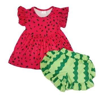 Summer Baby girls watermelon print outfits flutter sleeves shirt green shorts kids boutique sets Children clothing wholesale