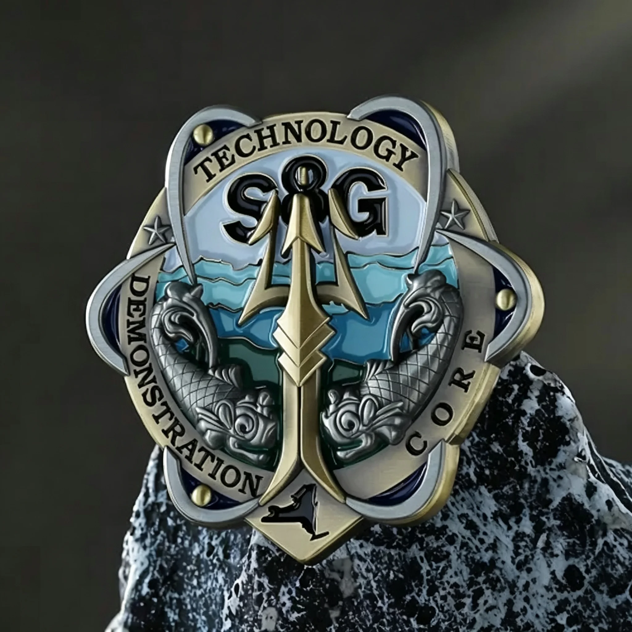 3D sculpted challenge coin with trident detail on rock
