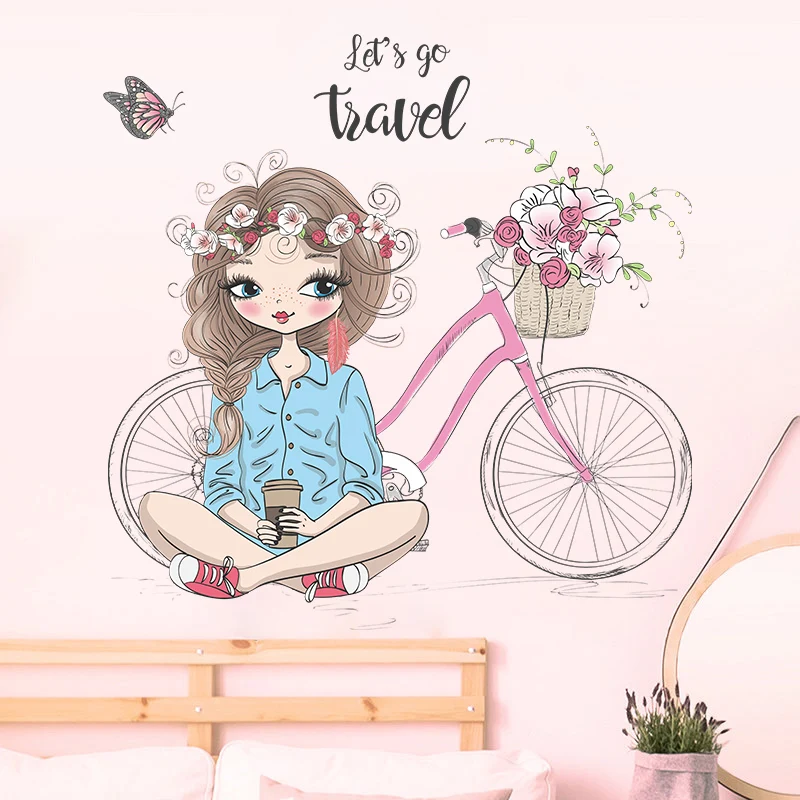 Fashion Beauty Girl Stickers Flowers Bicycle Decorative Wallpaper Creative  Bedroom Murals Self Adhesive Tv Background Decals - Buy Fashion Beauty Girl  Stickers,Flowers Bicycle Decorative Wallpaper,Creative Bedroom Murals  Product on 