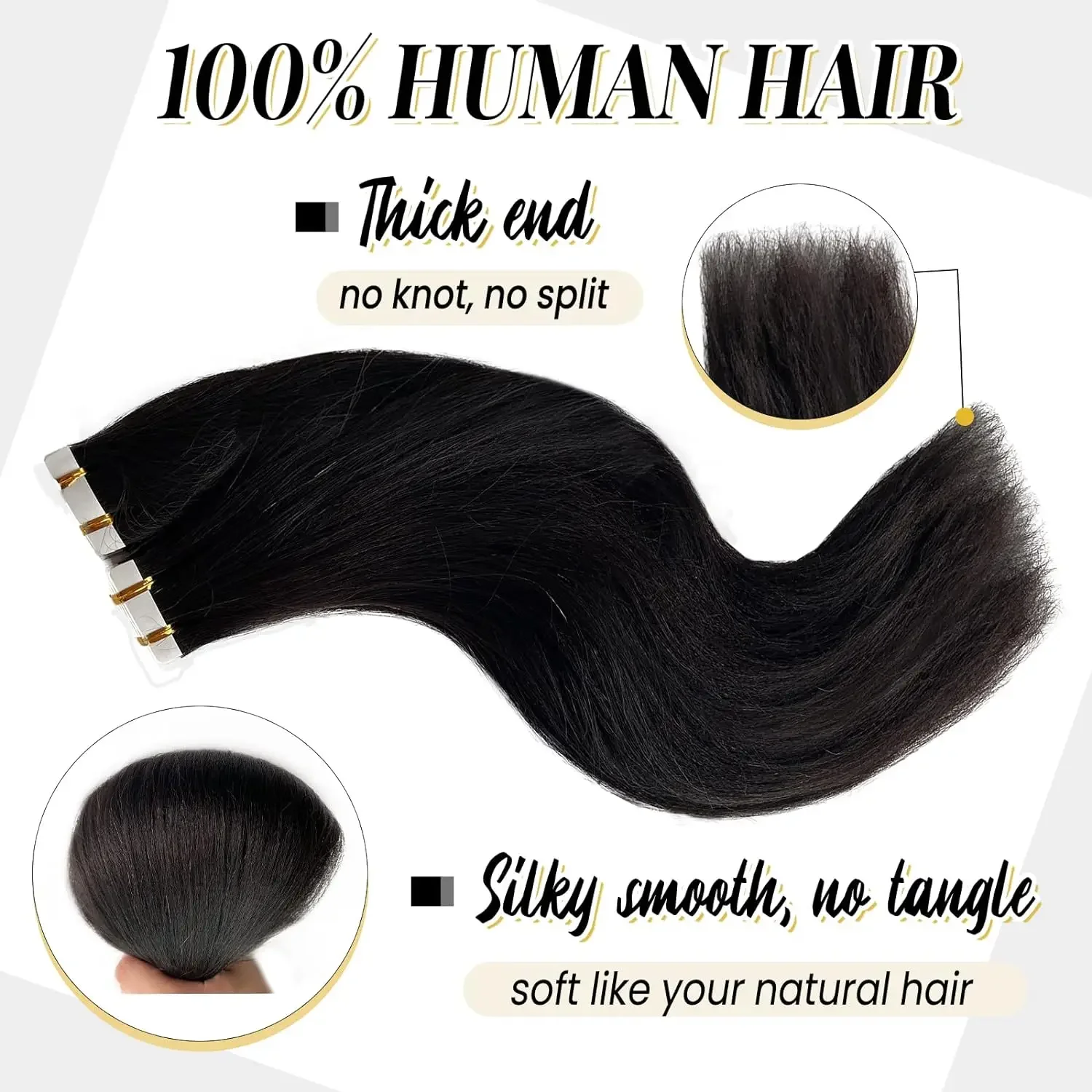 Extensiones de cabello con cinta adhesiva, cabello humano brasileño real, natural, para mujeres, color negro, 20 unidades, 50 g_voghion.com