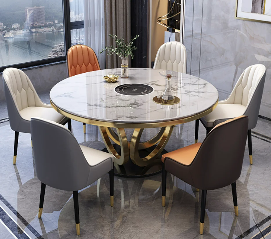 Seat Rotating Modern Round Marble Dinging Table Chairs Stainless Steel  Leg Home Furniture