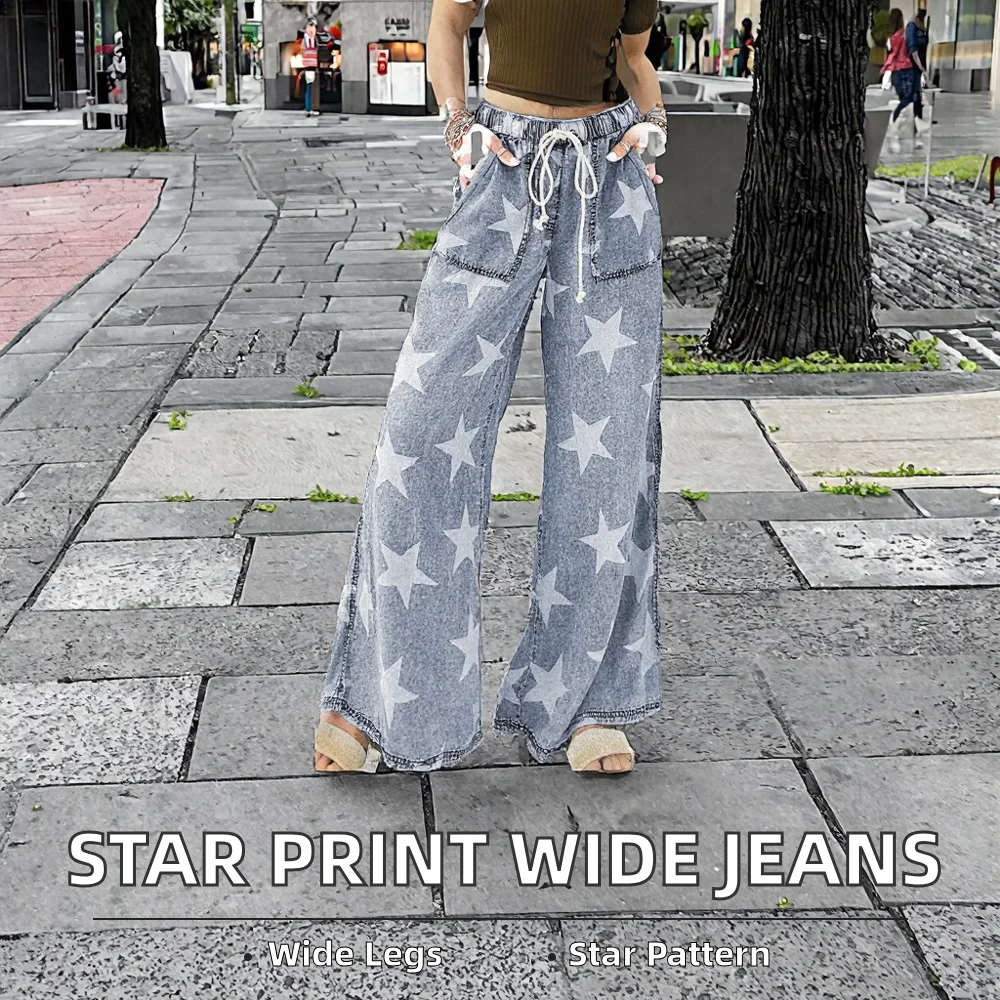 Dear-Lover Wholesale High Waist Wide Leg Ladies Jeans Pants Casual Star Print Light Wash Loose Fit Denim for Autumn Spring