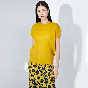 Miyake Short Sleeve Women's T-shirt Chic and Unique Design Round Neck Loose Fit Irregular Gear Versatile Pleated Summer Top