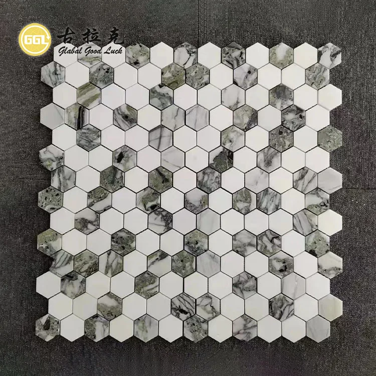 Hot Sale Ice Jade Green Mix Thassos White Marble Hexagon Bathroom Mosaic Tile Wall