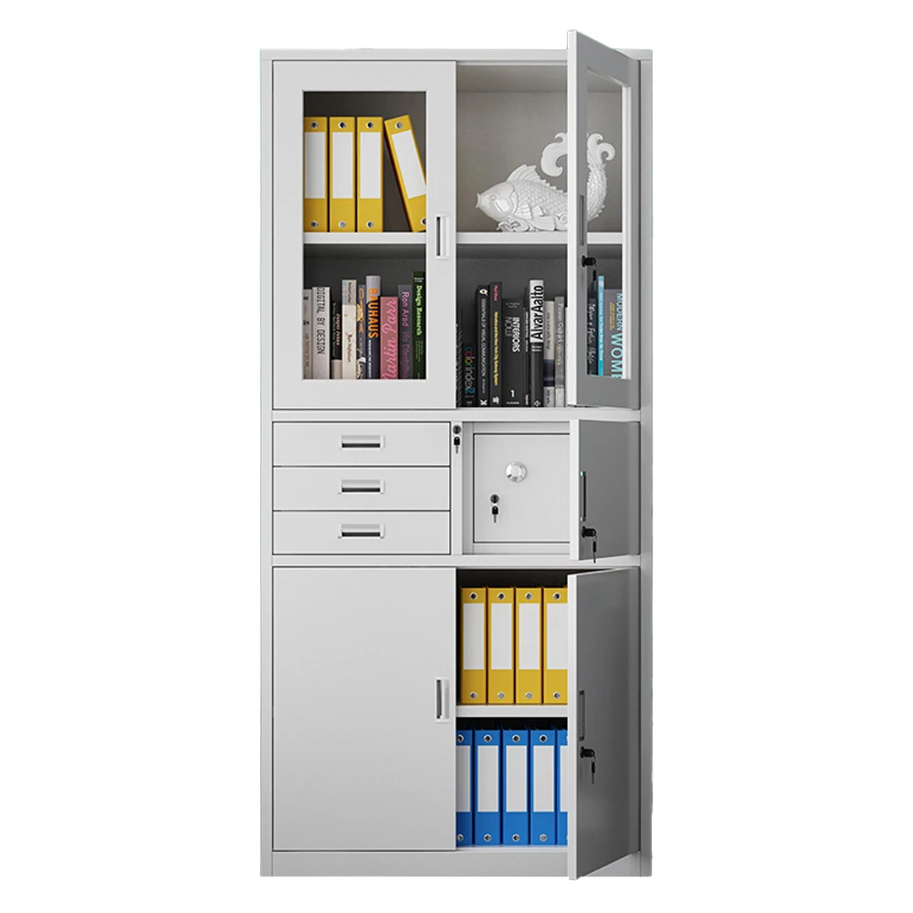 Steel 10-Layer Filing Cabinet with Double Glass Doors for Office, School, and Hospital Storage