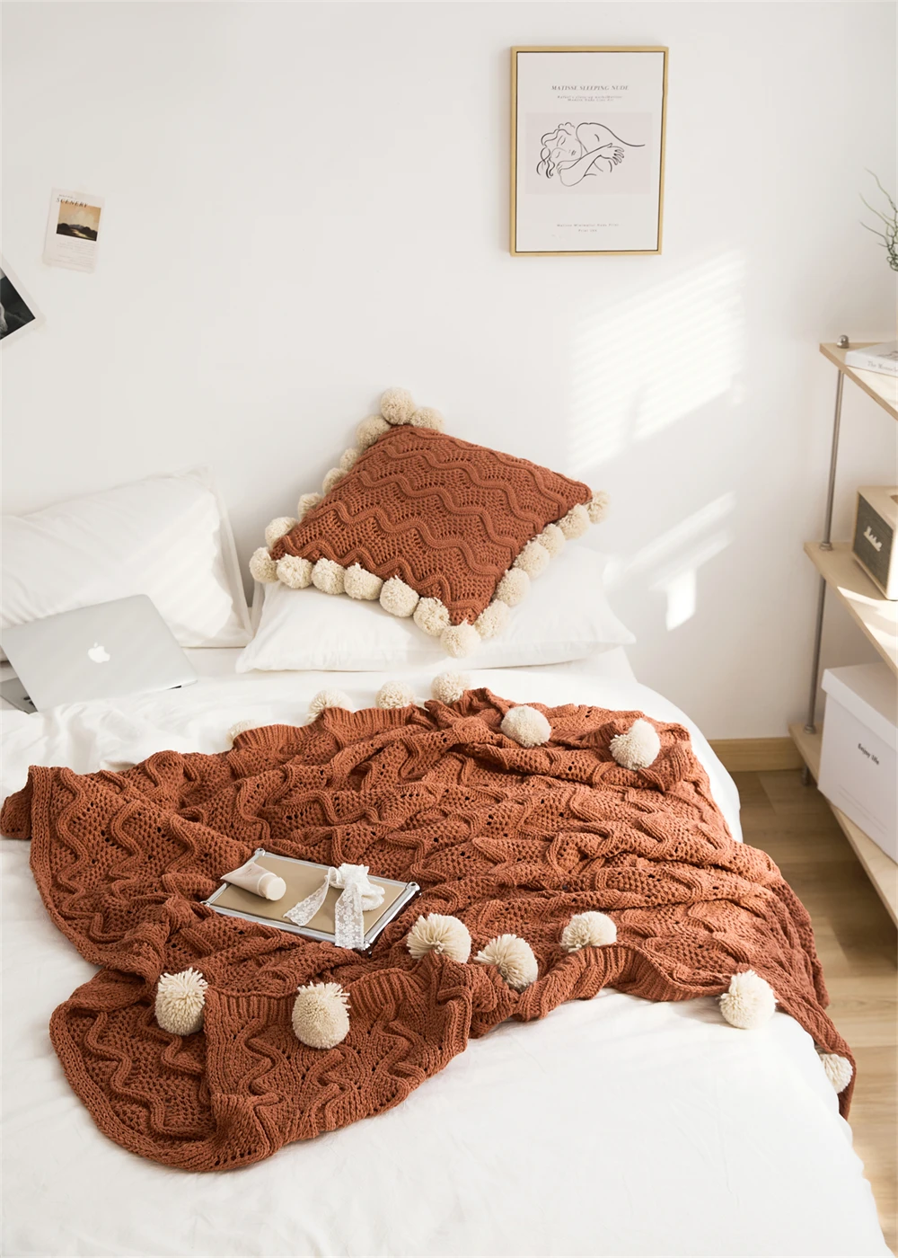 Fts Factory Soft Cable Handmade Pompom Chenille Knitted Bed Couch Throw Blanket factory