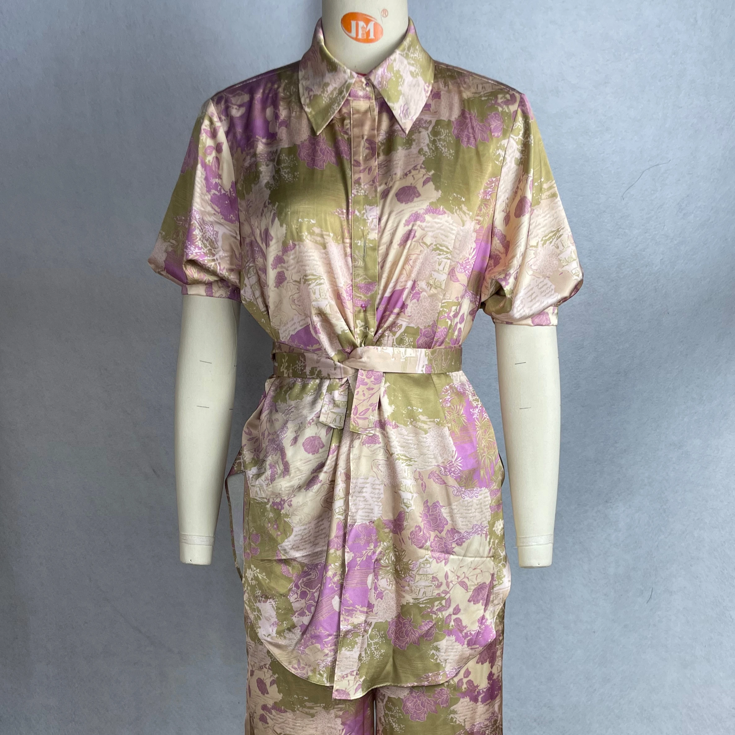 Ladies Sade Casual Loose 2-piece Long Suit With Button & Belt Digital Printing For Daily Wear Travel & Shopping - Image 1